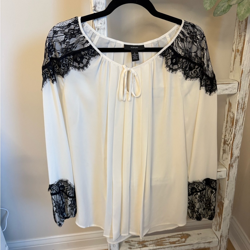 Alfani Cream Blouse with Black Lace Shoulders and Cuffs